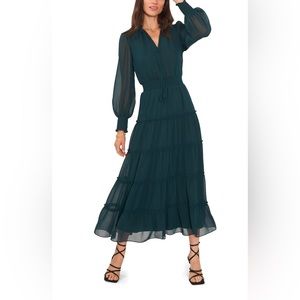 ASTR Long Sleeve Tie Split-V Neck Tiered Chiffon A-Line Midi Dress - small green